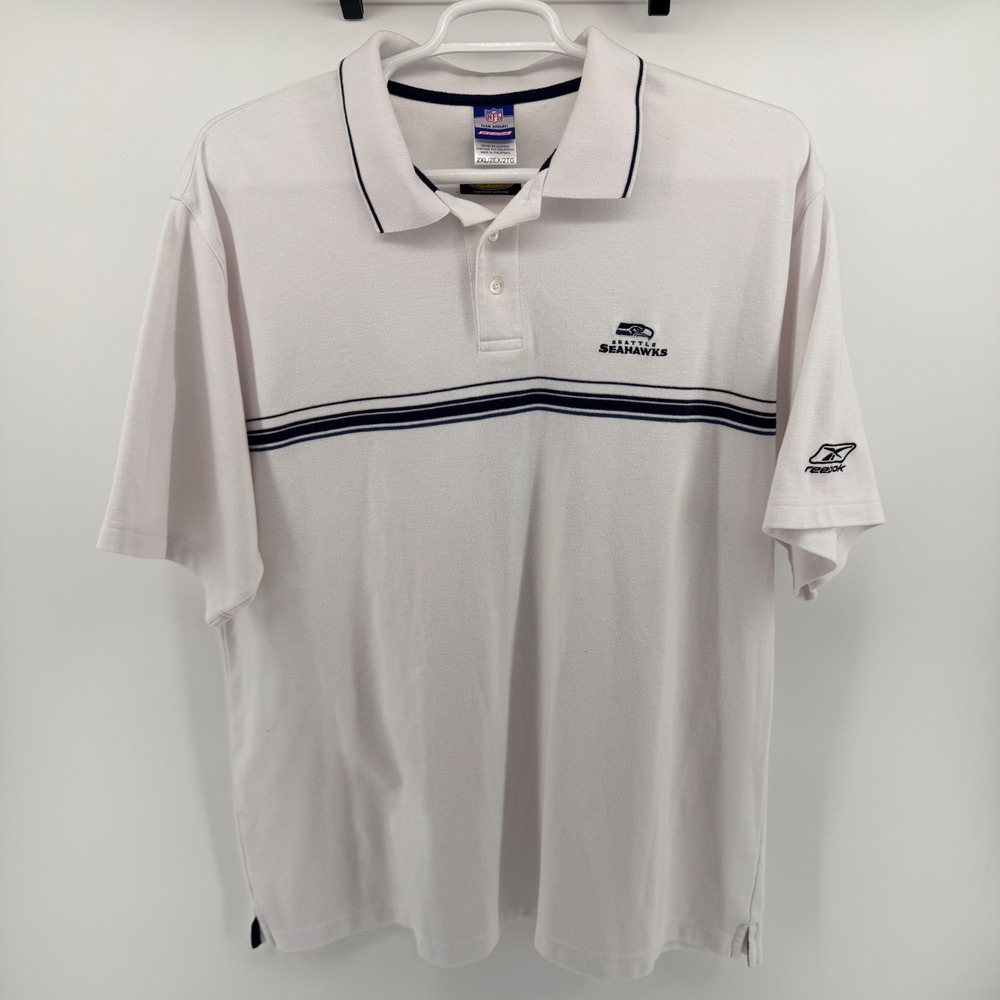Vintage Reebok Seattle Seahawks NFL Polo Shirt PlayDry Striped White 2XL Mens - Picture 2 of 8